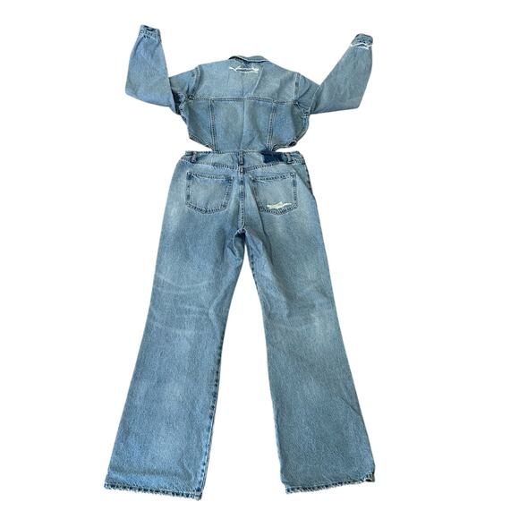 Zara Women Blue Full Length Wide Leg Denim Jumpsuit With Side Cut-Outs Size XL - Picture 3 of 9